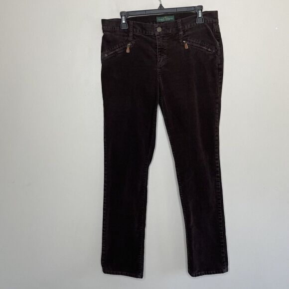 LAUREN Ralph Lauren Pants Womens 10 Brown Straight-Leg Corduroy Zip Pockets LRL - Picture 1 of 8